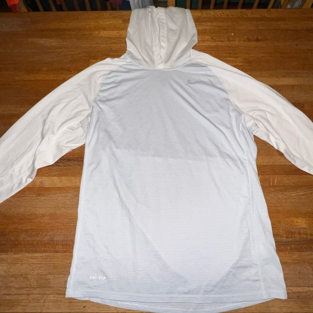 Nike Women Large‎ Dri-Fit White Light Blue Stripe Lightweight Hoodie Pullover